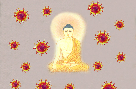 Grafik eines meditierenden Buddha, welcher vor Viren geschützt ist